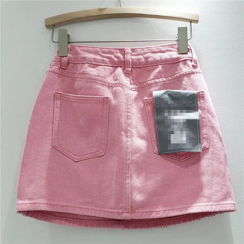 ZHEZHE Fashion 2024 New Spring Hot-diamond High Waist Jean A-line Short Skirt Bodycon Sexy Casual Outfit Skirt For Women Lady