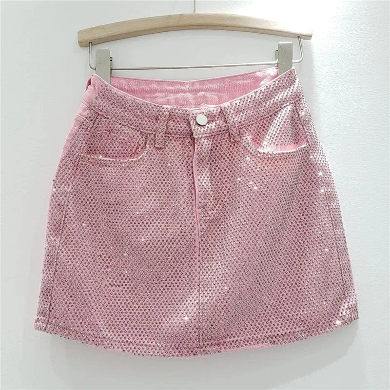 ZHEZHE Fashion 2024 New Spring Hot-diamond High Waist Jean A-line Short Skirt Bodycon Sexy Casual Outfit Skirt For Women Lady