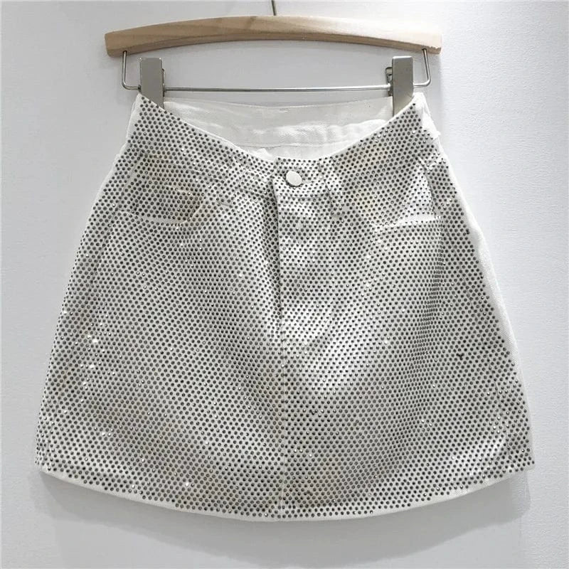 ZHEZHE Fashion 2024 New Spring Hot-diamond High Waist Jean A-line Short Skirt Bodycon Sexy Casual Outfit Skirt For Women Lady