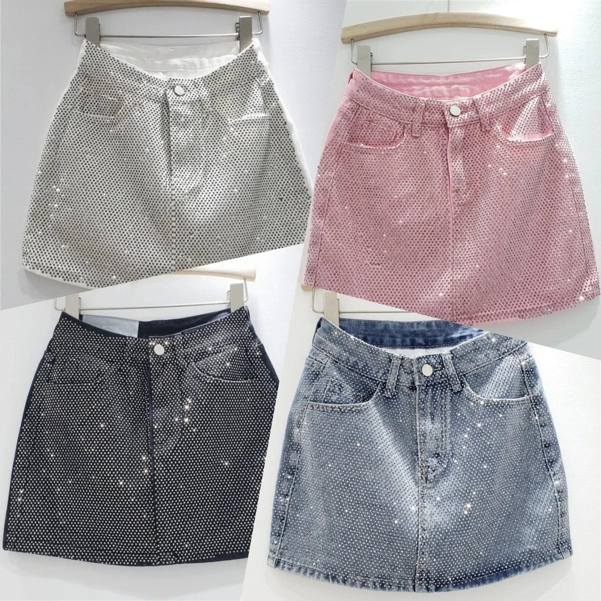 ZHEZHE Fashion 2024 New Spring Hot-diamond High Waist Jean A-line Short Skirt Bodycon Sexy Casual Outfit Skirt For Women Lady