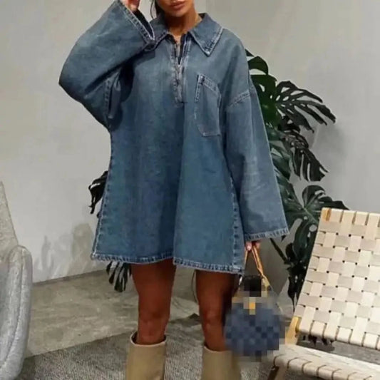 ZHEZHE Fashion 2024 spring boutique clothing women jeans dresses long sleeve pocket design loose denim dress