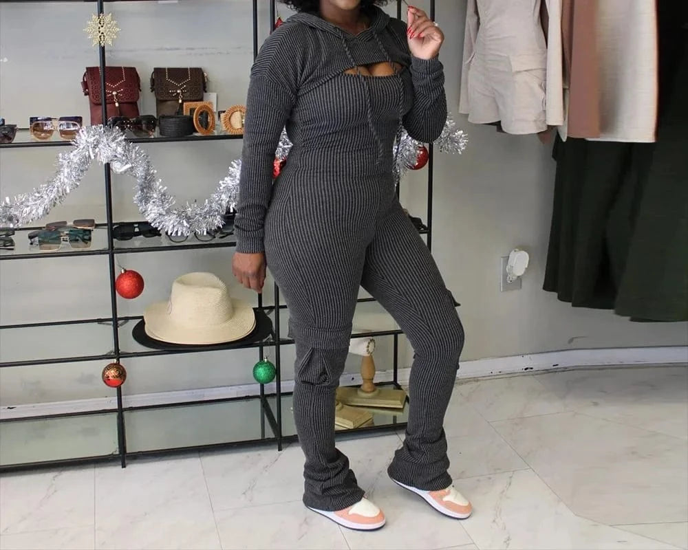 ZHEZHE Fashion 2024 spring women 2 pieces set long sleeve hooded cropped top and sexy one piece jumpsuit two piece set women