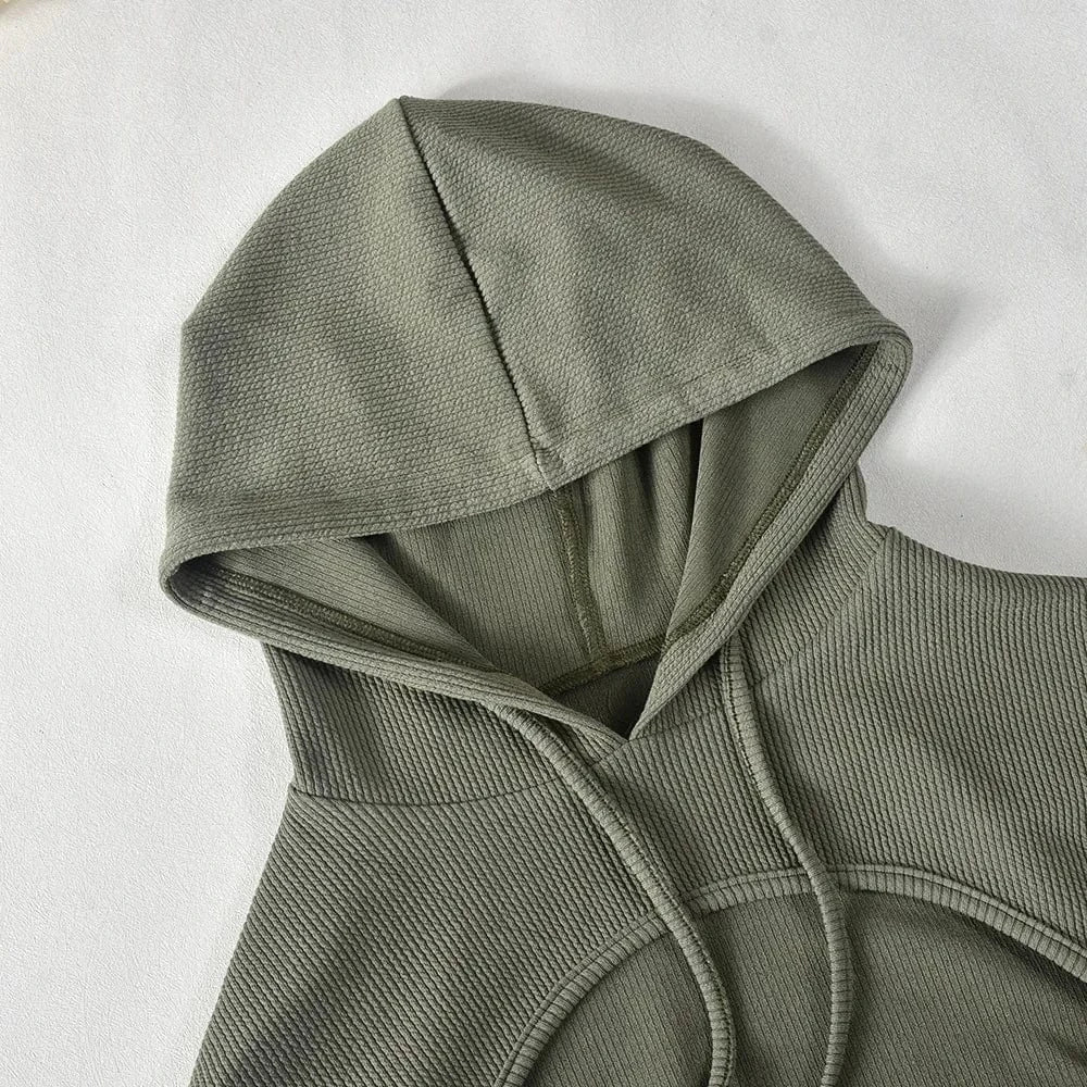 ZHEZHE Fashion 2024 spring women 2 pieces set long sleeve hooded cropped top and sexy one piece jumpsuit two piece set women