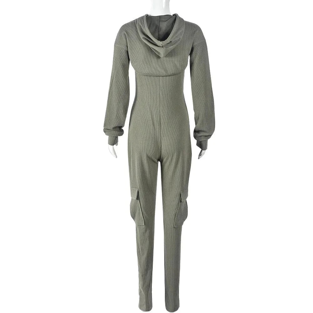 ZHEZHE Fashion 2024 spring women 2 pieces set long sleeve hooded cropped top and sexy one piece jumpsuit two piece set women