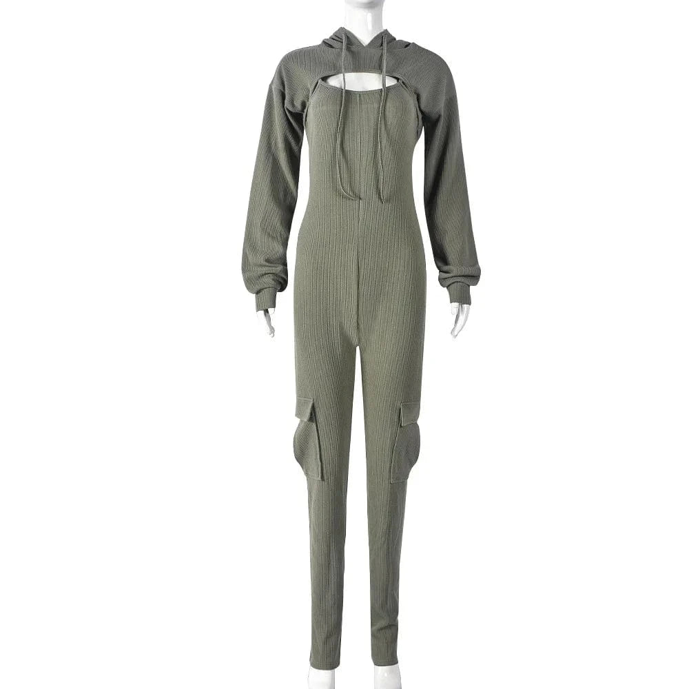 ZHEZHE Fashion 2024 spring women 2 pieces set long sleeve hooded cropped top and sexy one piece jumpsuit two piece set women