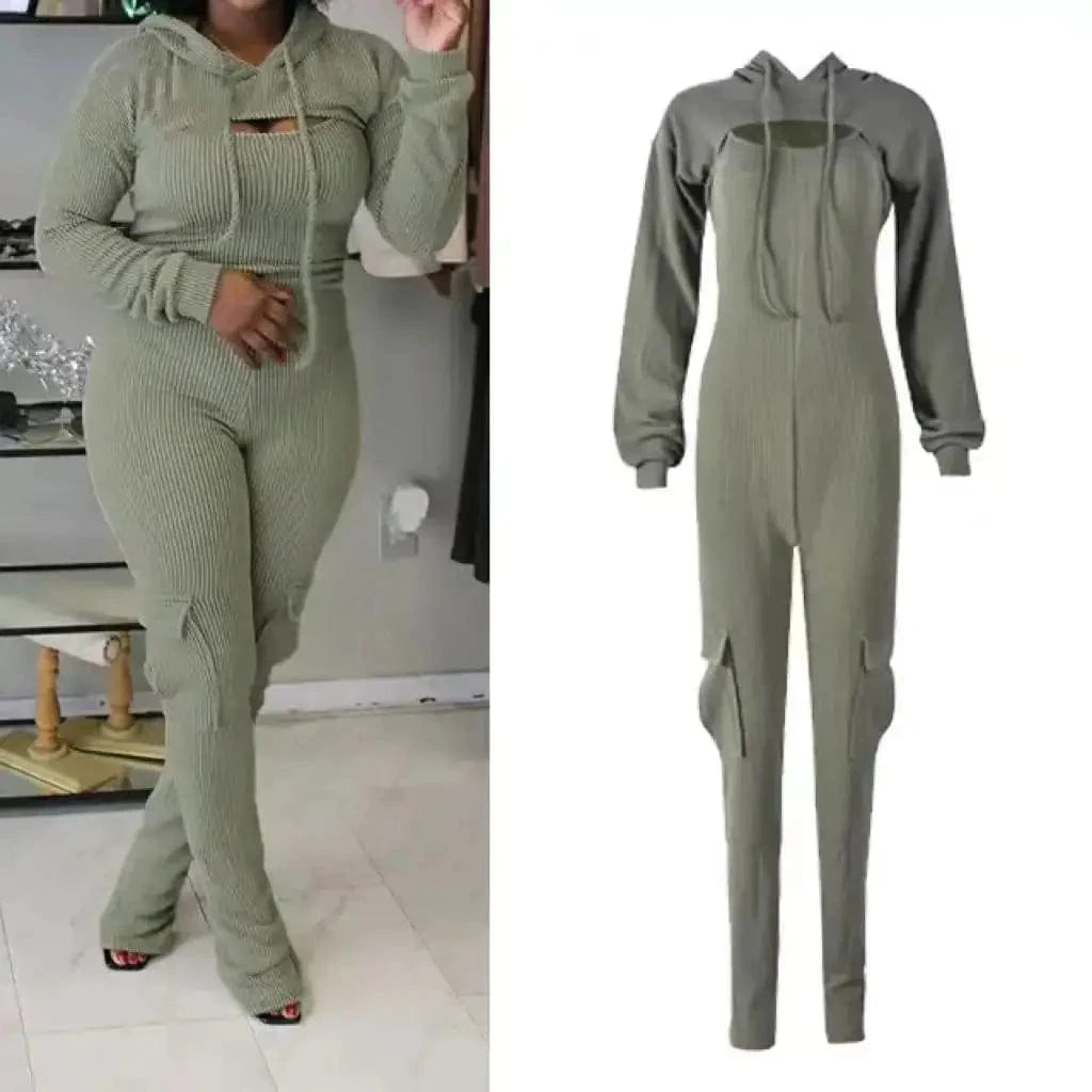 ZHEZHE Fashion 2024 spring women 2 pieces set long sleeve hooded cropped top and sexy one piece jumpsuit two piece set women