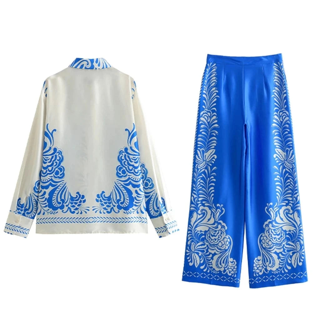 ZHEZHE fashion 2024 street wear casual outfit women clothing boutique long sleeve printed shirt and pant 2 piece set