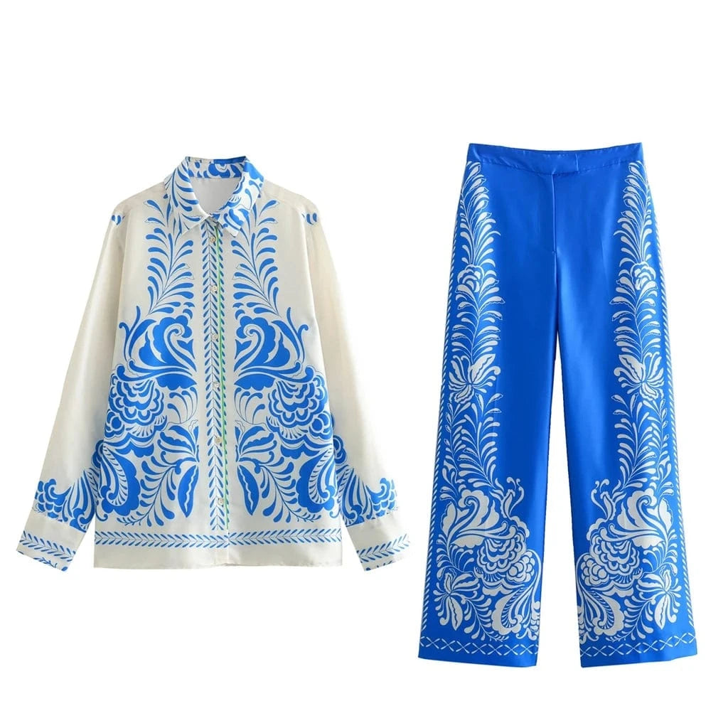 ZHEZHE fashion 2024 street wear casual outfit women clothing boutique long sleeve printed shirt and pant 2 piece set