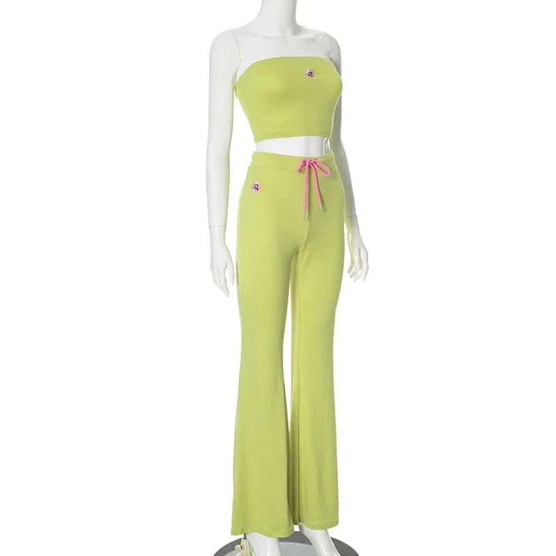 ZHEZHE Fashion 2024 Summer Clothing Boutique Street Wear Cute Embroidery Tops and Flare Pants Women 2 Piece Set