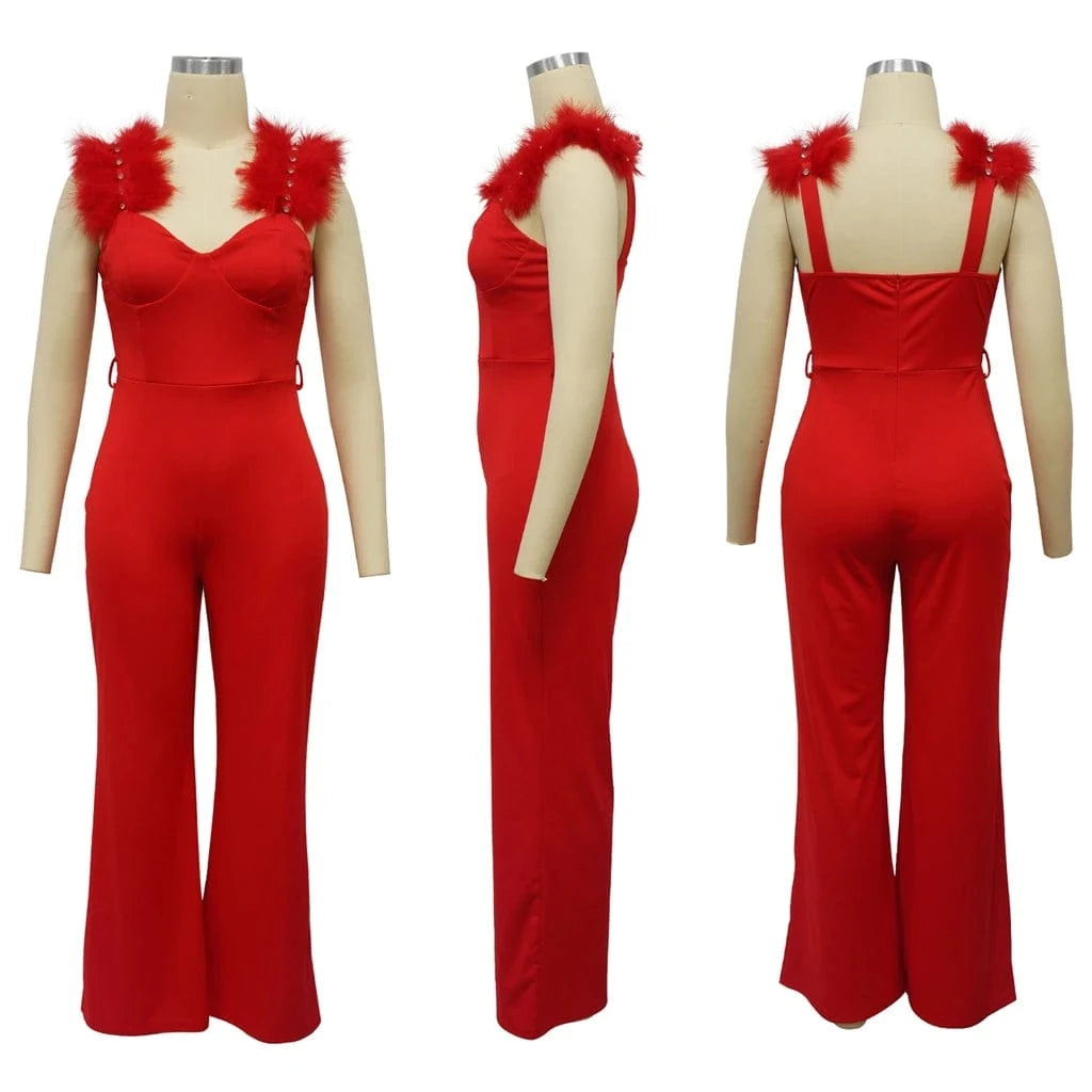 ZHEZHE Fashion 2024 summer street wear women clothes boutique one piece sleeveless feather strap sexy jumpsuit with belt