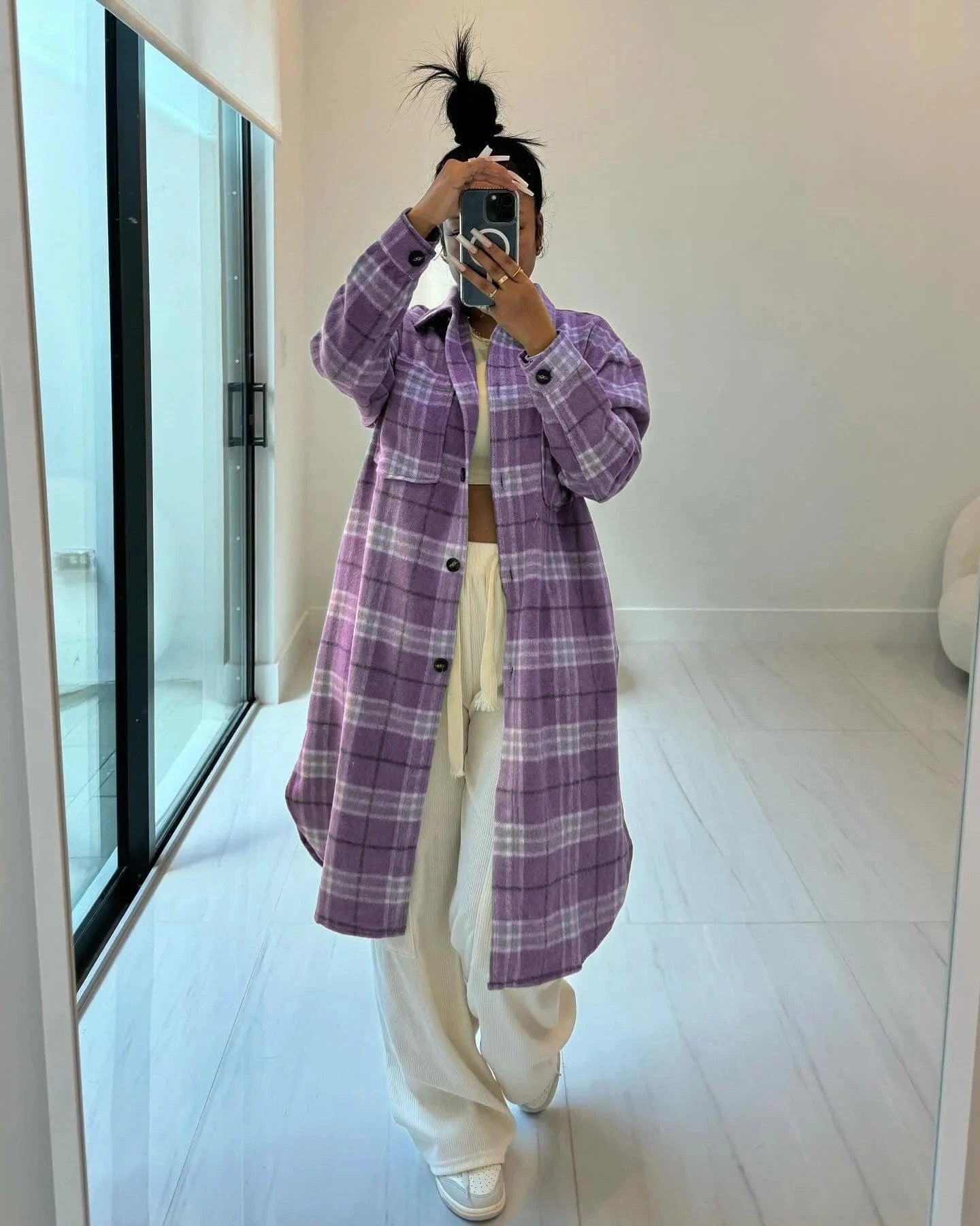 ZHEZHE Good Quality 2024 Spring Women's Lapel Neck Retro Plaid Printed Ladies Long Coat Elegant Women's Jacket