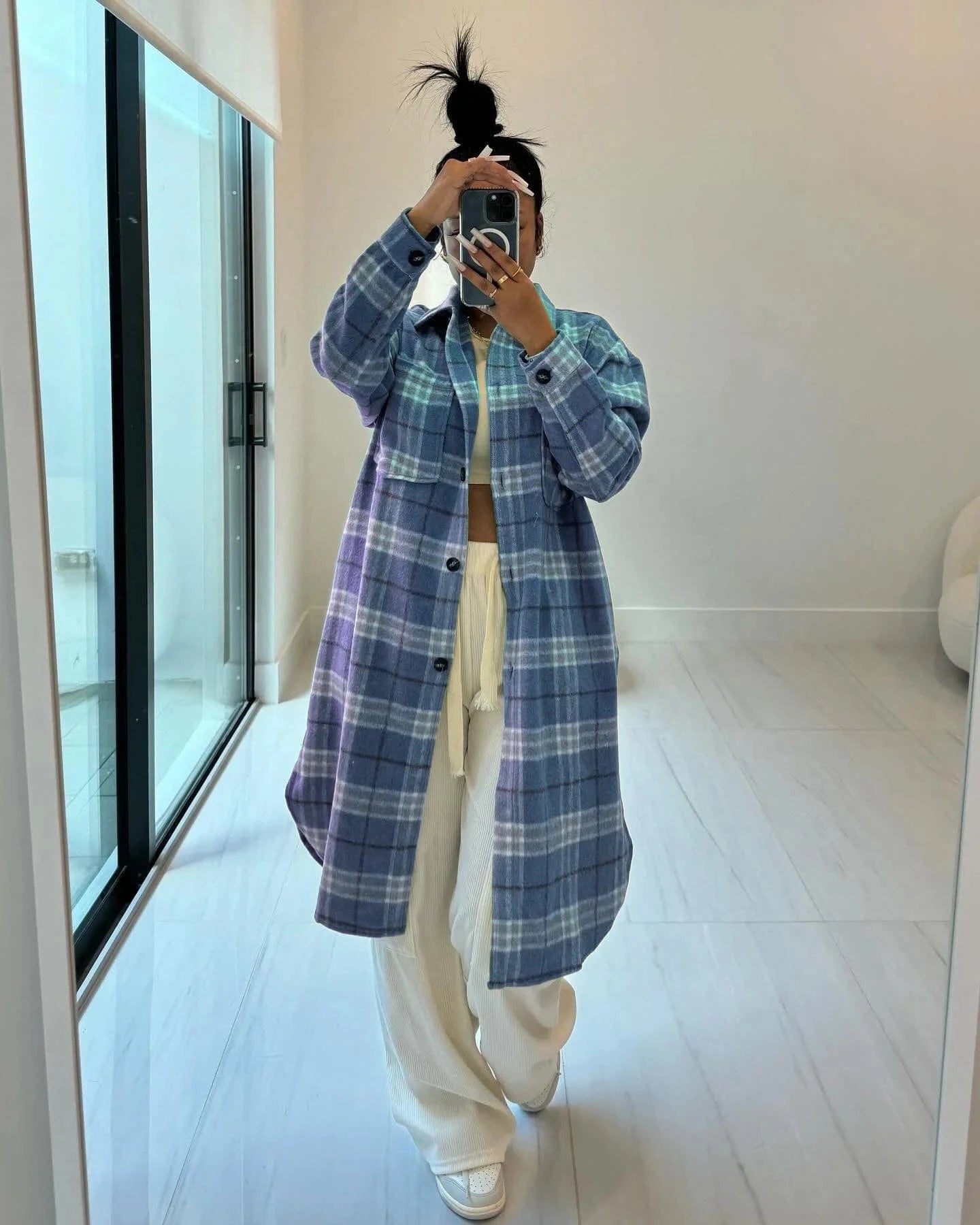 ZHEZHE Good Quality 2024 Spring Women's Lapel Neck Retro Plaid Printed Ladies Long Coat Elegant Women's Jacket