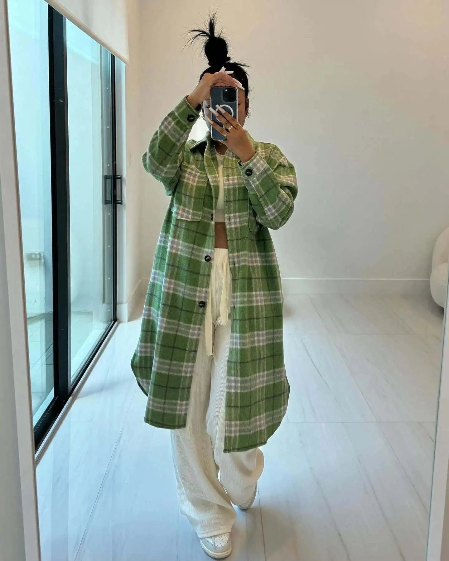 ZHEZHE Good Quality 2024 Spring Women's Lapel Neck Retro Plaid Printed Ladies Long Coat Elegant Women's Jacket