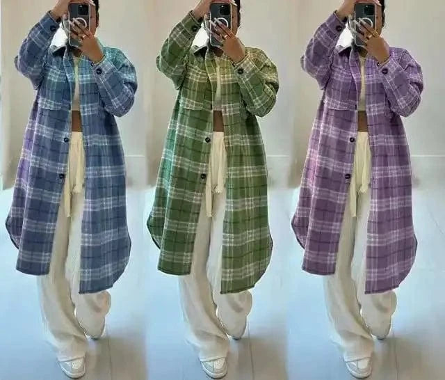 ZHEZHE Good Quality 2024 Spring Women's Lapel Neck Retro Plaid Printed Ladies Long Coat Elegant Women's Jacket