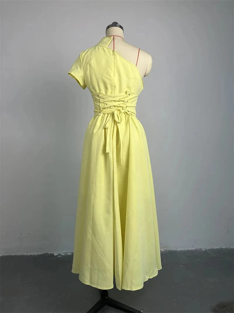 ZHEZHE High Quality 2024 Summer Diagonal Neck Short Sleeve Fish Bone Waist Tie Up Ladies Elegant Midi Dress