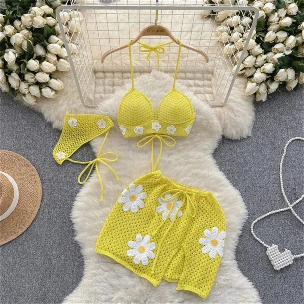 ZHEZHE Hollow Out Crochet Knit Flower Bikini Suit Outfits 3 Pieces Women Bra + Skirts Matching Set
