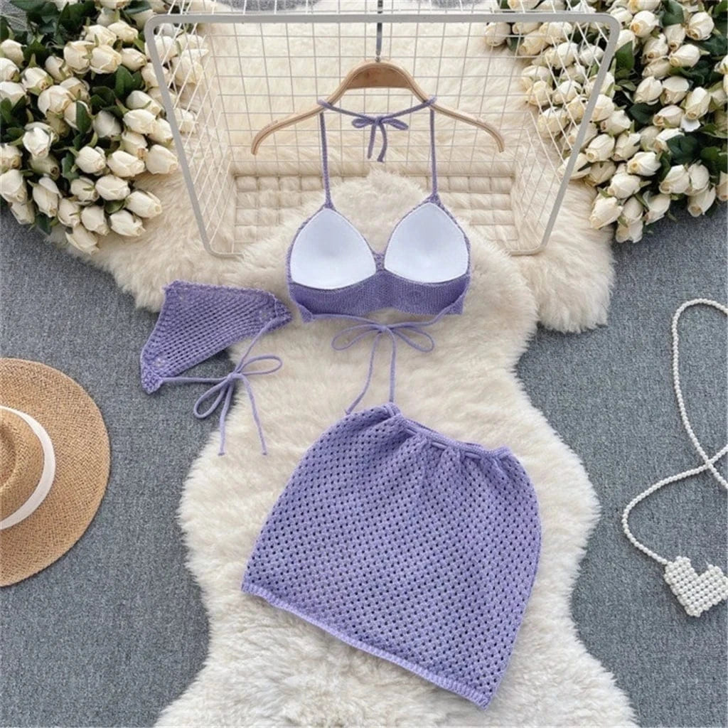 ZHEZHE Hollow Out Crochet Knit Flower Bikini Suit Outfits 3 Pieces Women Bra + Skirts Matching Set