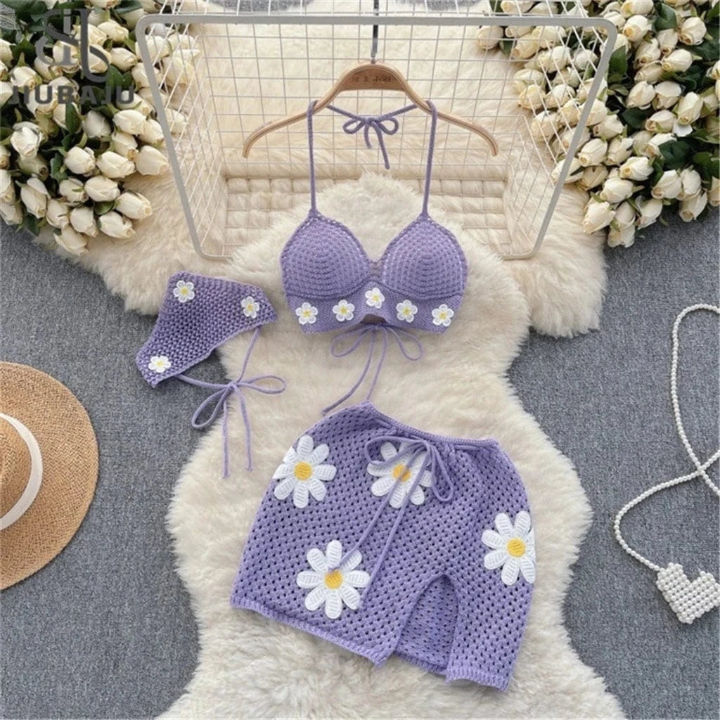 ZHEZHE Hollow Out Crochet Knit Flower Bikini Suit Outfits 3 Pieces Women Bra + Skirts Matching Set