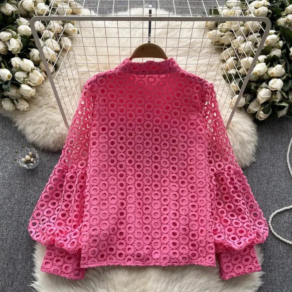 ZHEZHE Lace Blouse Women 2024 New Spring French Bubble Sleeve Floral Peplum Long Sleeve Ladies Tops
