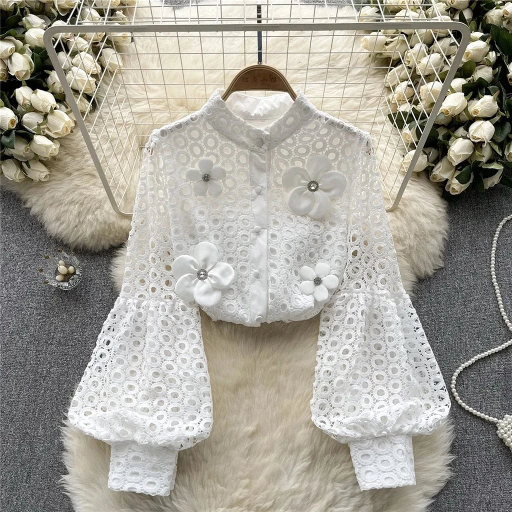 ZHEZHE Lace Blouse Women 2024 New Spring French Bubble Sleeve Floral Peplum Long Sleeve Ladies Tops