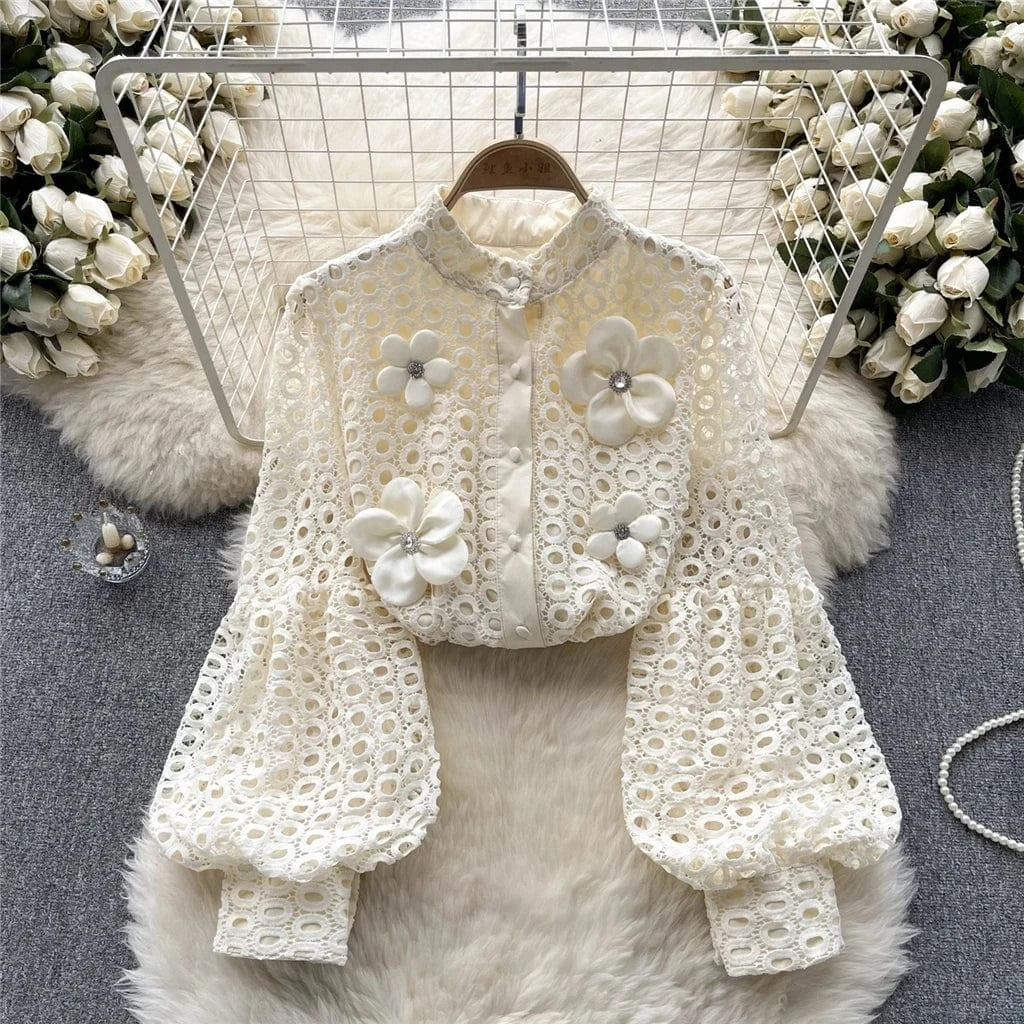 ZHEZHE Lace Blouse Women 2024 New Spring French Bubble Sleeve Floral Peplum Long Sleeve Ladies Tops