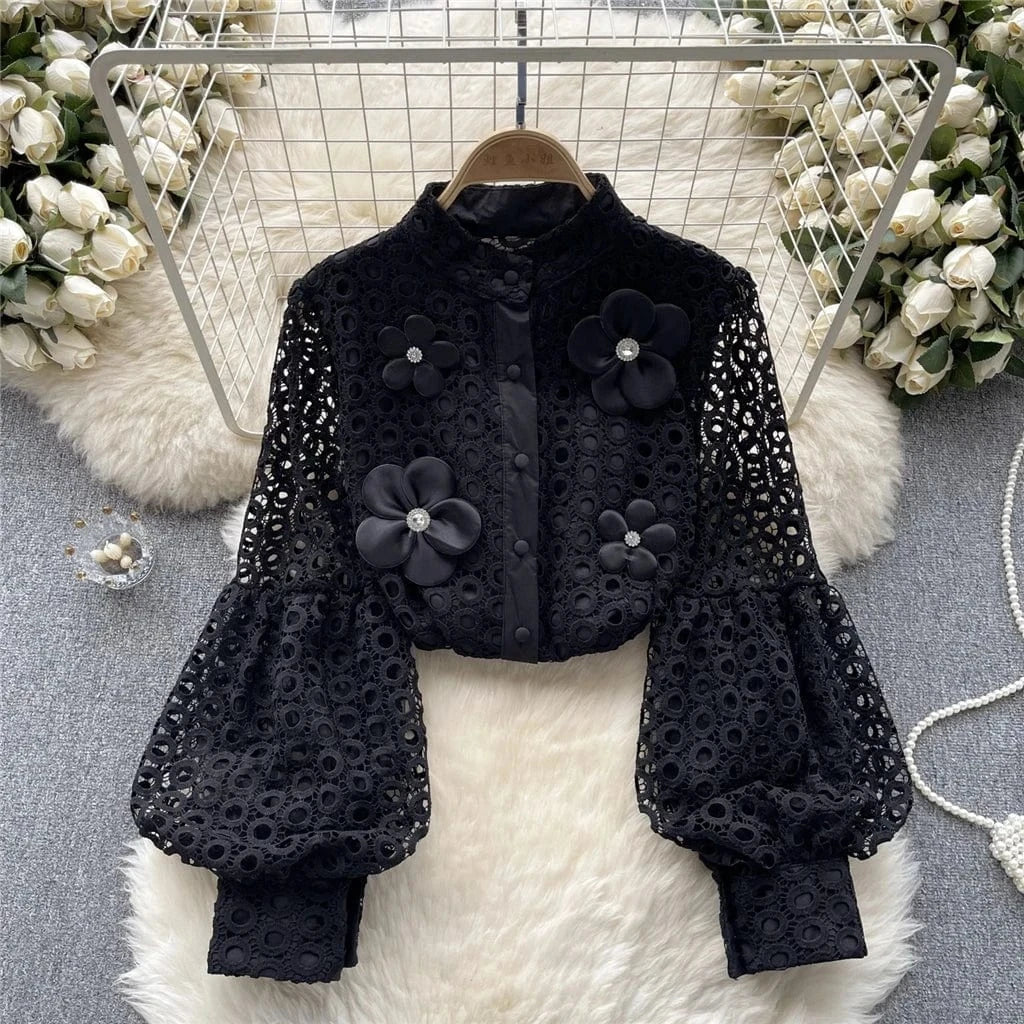 ZHEZHE Lace Blouse Women 2024 New Spring French Bubble Sleeve Floral Peplum Long Sleeve Ladies Tops