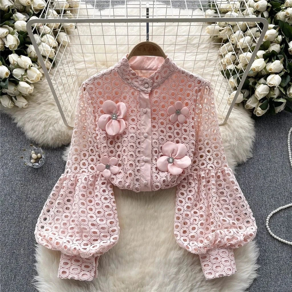 ZHEZHE Lace Blouse Women 2024 New Spring French Bubble Sleeve Floral Peplum Long Sleeve Ladies Tops