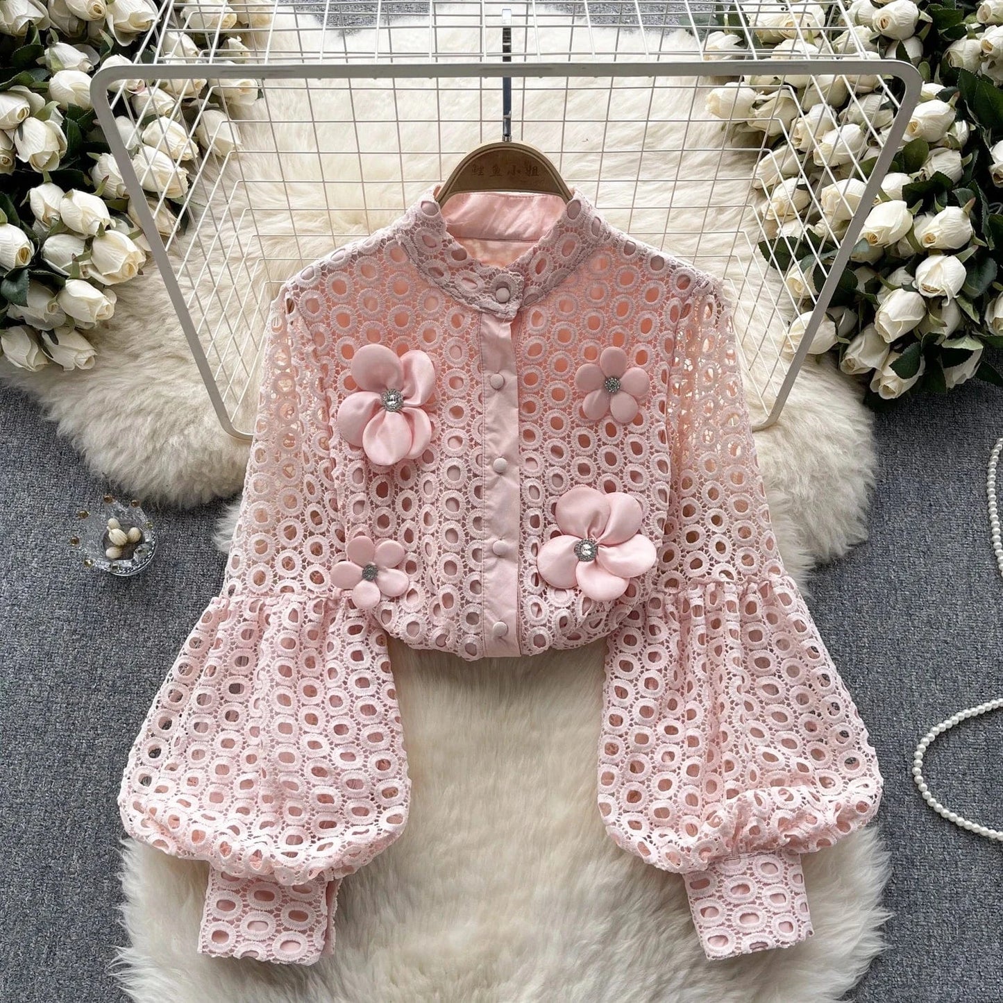 ZHEZHE Lace Blouse Women 2024 New Spring French Bubble Sleeve Floral Peplum Long Sleeve Ladies Tops