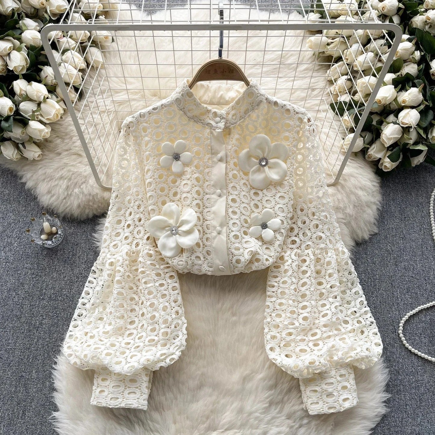 ZHEZHE Lace Blouse Women 2024 New Spring French Bubble Sleeve Floral Peplum Long Sleeve Ladies Tops