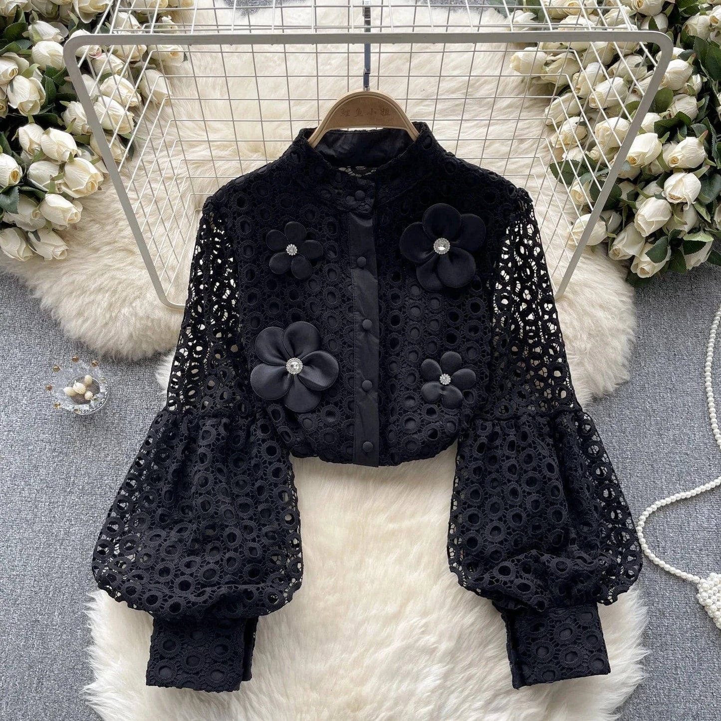 ZHEZHE Lace Blouse Women 2024 New Spring French Bubble Sleeve Floral Peplum Long Sleeve Ladies Tops