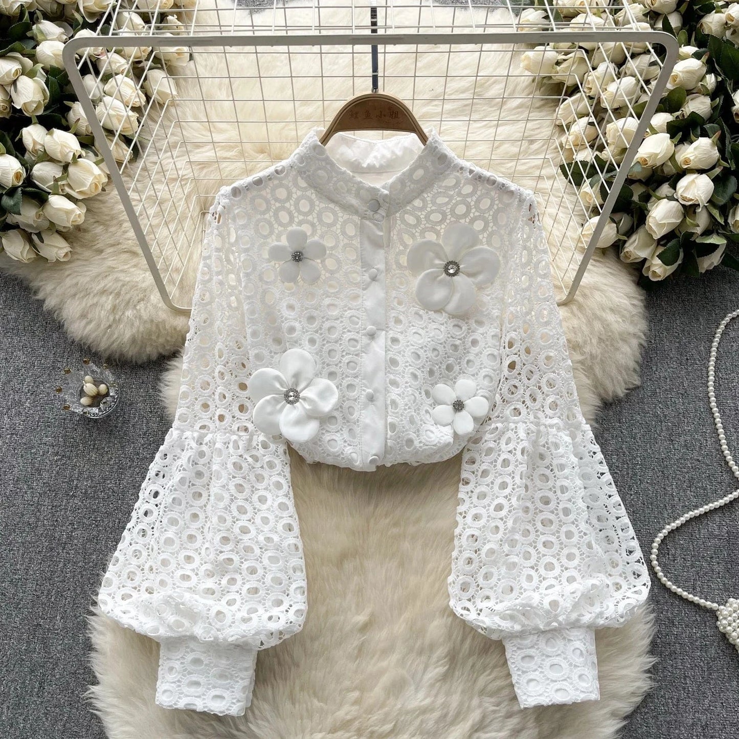ZHEZHE Lace Blouse Women 2024 New Spring French Bubble Sleeve Floral Peplum Long Sleeve Ladies Tops