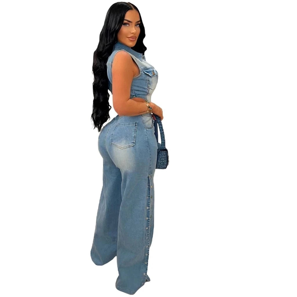 ZHEZHE Ladies New Fashion Sleeveless Single Breasted Stretchy Denim One Piece Straight-Leg Jumpsuits