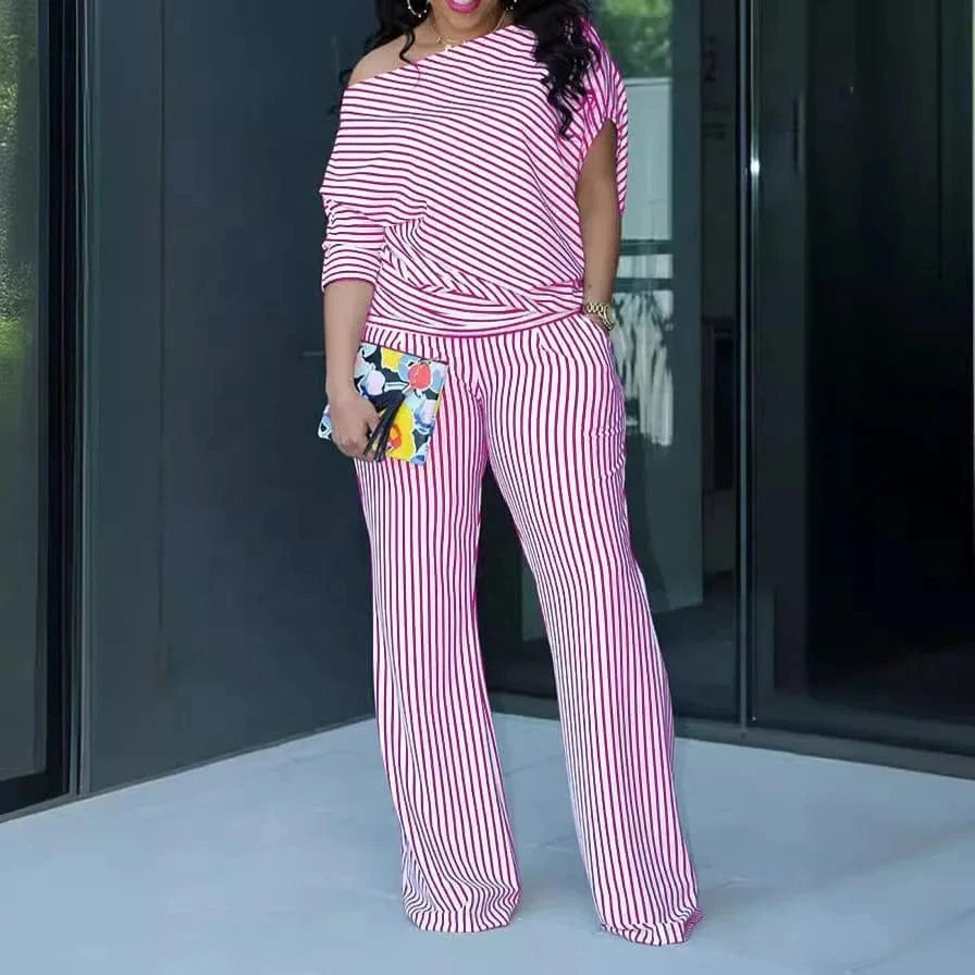 ZHEZHE Latest Design Womens 2 Piece Set Stripe Casual Two Piece Set Long Sleeve Crop Top And High Waist Loose Pants Set