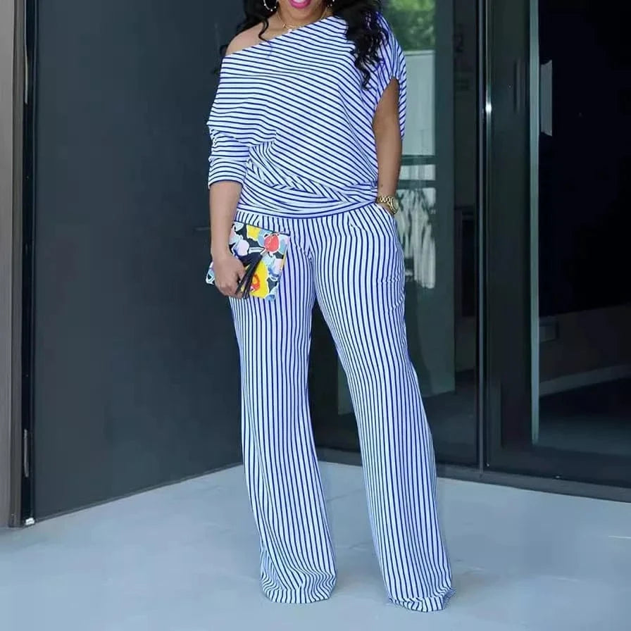 ZHEZHE Latest Design Womens 2 Piece Set Stripe Casual Two Piece Set Long Sleeve Crop Top And High Waist Loose Pants Set