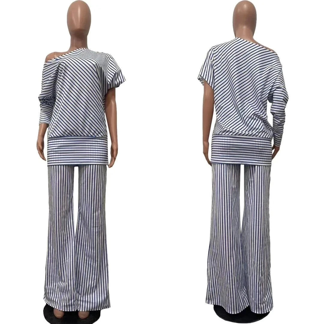 ZHEZHE Latest Design Womens 2 Piece Set Stripe Casual Two Piece Set Long Sleeve Crop Top And High Waist Loose Pants Set