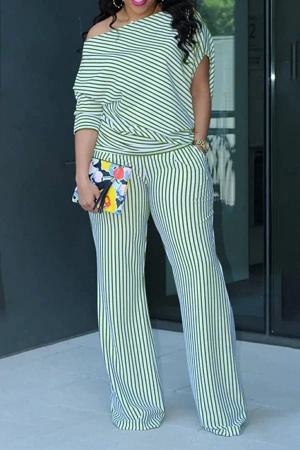 ZHEZHE Latest Design Womens 2 Piece Set Stripe Casual Two Piece Set Long Sleeve Crop Top And High Waist Loose Pants Set