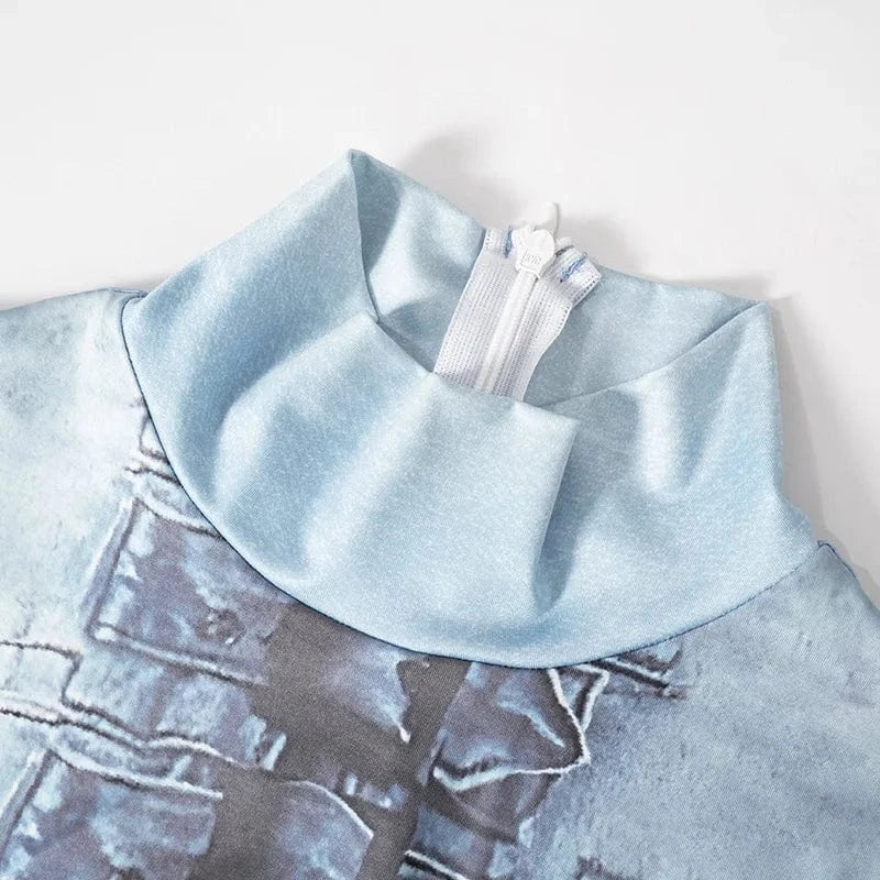 ZHEZHE New 2024 Spring Fauex Jean Print High Collar Long Sleeve Jumpsuit One Piece Bodycon Casual Sexy Jumpsuit Women