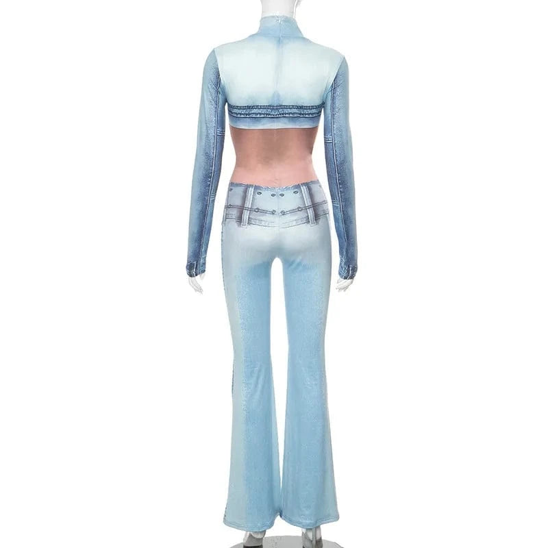 ZHEZHE New 2024 Spring Fauex Jean Print High Collar Long Sleeve Jumpsuit One Piece Bodycon Casual Sexy Jumpsuit Women