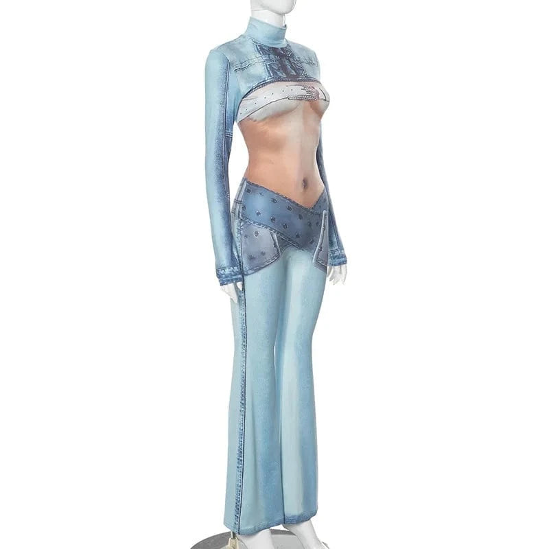 ZHEZHE New 2024 Spring Fauex Jean Print High Collar Long Sleeve Jumpsuit One Piece Bodycon Casual Sexy Jumpsuit Women