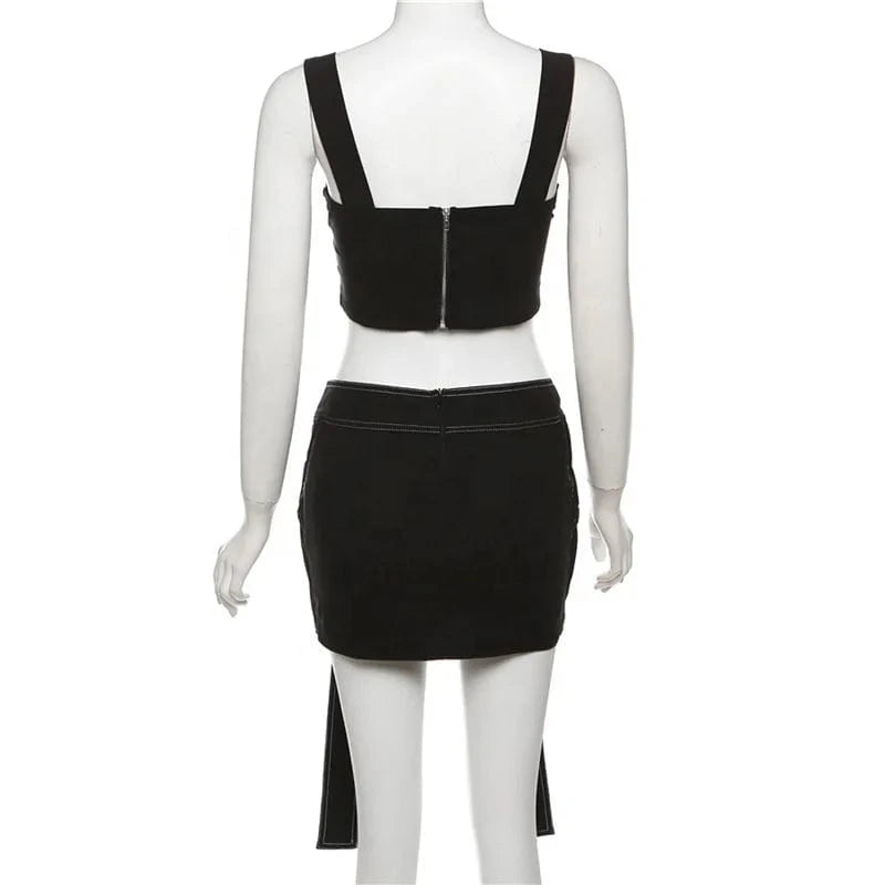 ZHEZHE New 2024 Spring Patchwork Sleeveless Cami Crop Top And Short Skirt 2 Piece Set Solid Bodycon Sexy Women's Set