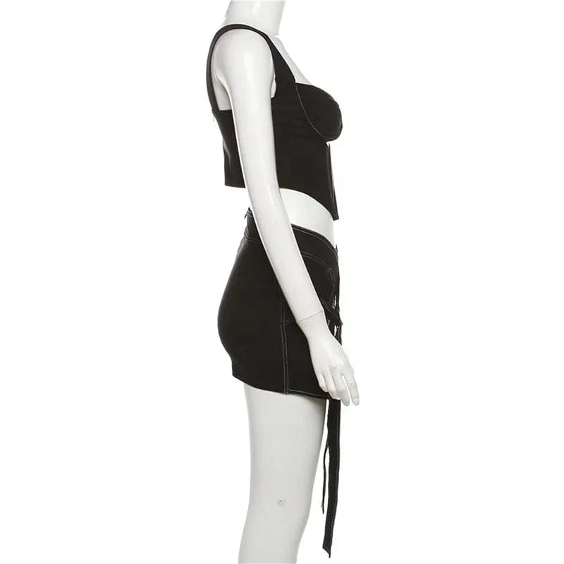 ZHEZHE New 2024 Spring Patchwork Sleeveless Cami Crop Top And Short Skirt 2 Piece Set Solid Bodycon Sexy Women's Set