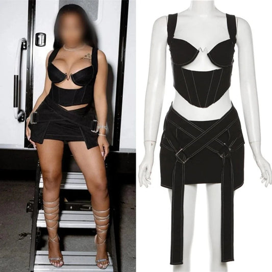 ZHEZHE New 2024 Spring Patchwork Sleeveless Cami Crop Top And Short Skirt 2 Piece Set Solid Bodycon Sexy Women's Set