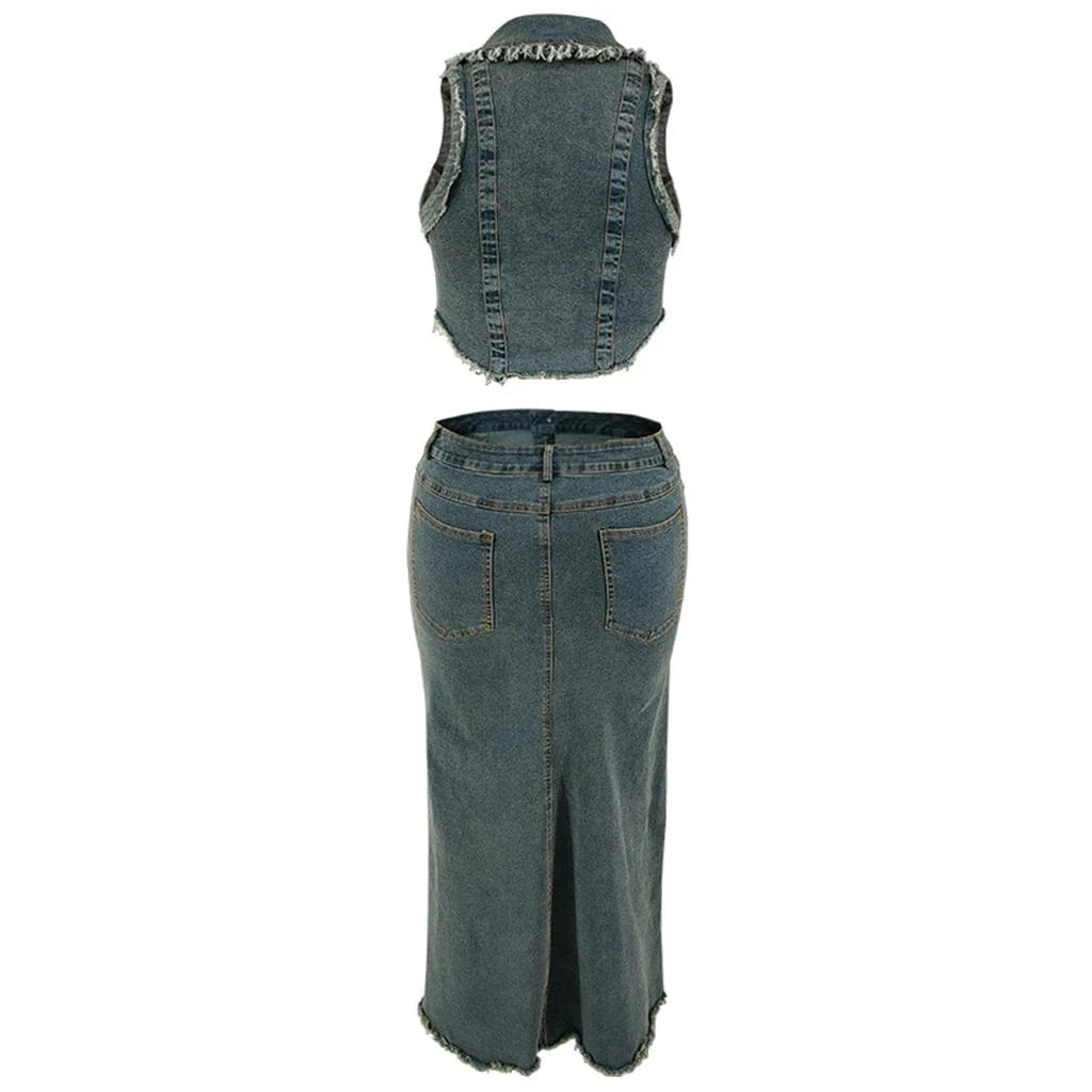 ZHEZHE New Arrivals 2024 Plus Size Sleeveless Wash Blue Denim Tank Top Vest And Split Long Skirt Two Piece Set