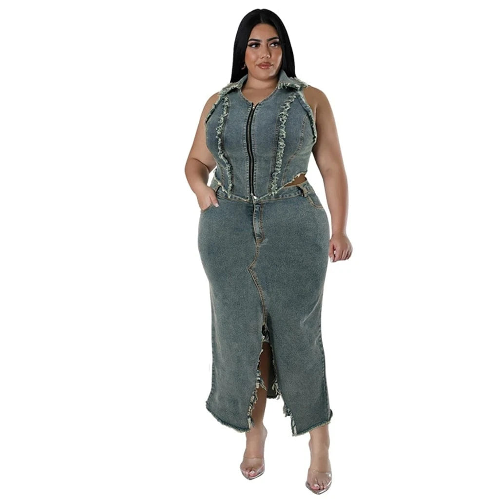 ZHEZHE New Arrivals 2024 Plus Size Sleeveless Wash Blue Denim Tank Top Vest And Split Long Skirt Two Piece Set