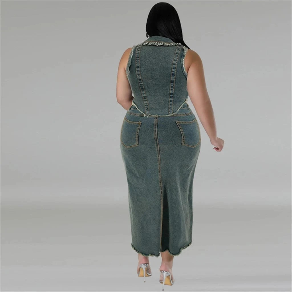 ZHEZHE New Arrivals 2024 Plus Size Sleeveless Wash Blue Denim Tank Top Vest And Split Long Skirt Two Piece Set