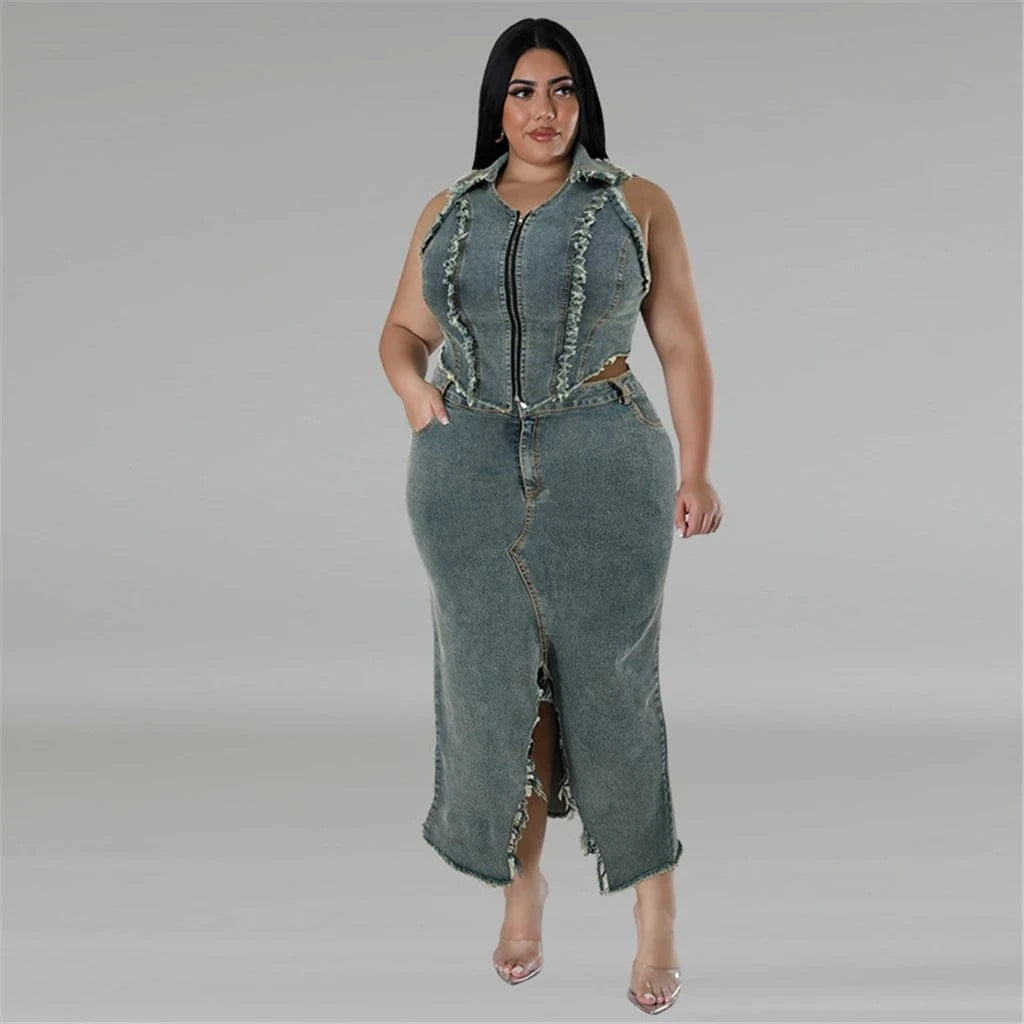 ZHEZHE New Arrivals 2024 Plus Size Sleeveless Wash Blue Denim Tank Top Vest And Split Long Skirt Two Piece Set