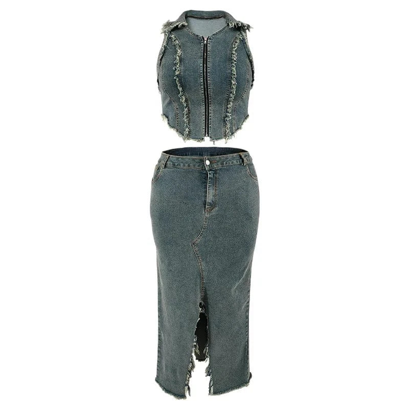 ZHEZHE New Arrivals 2024 Plus Size Sleeveless Wash Blue Denim Tank Top Vest And Split Long Skirt Two Piece Set