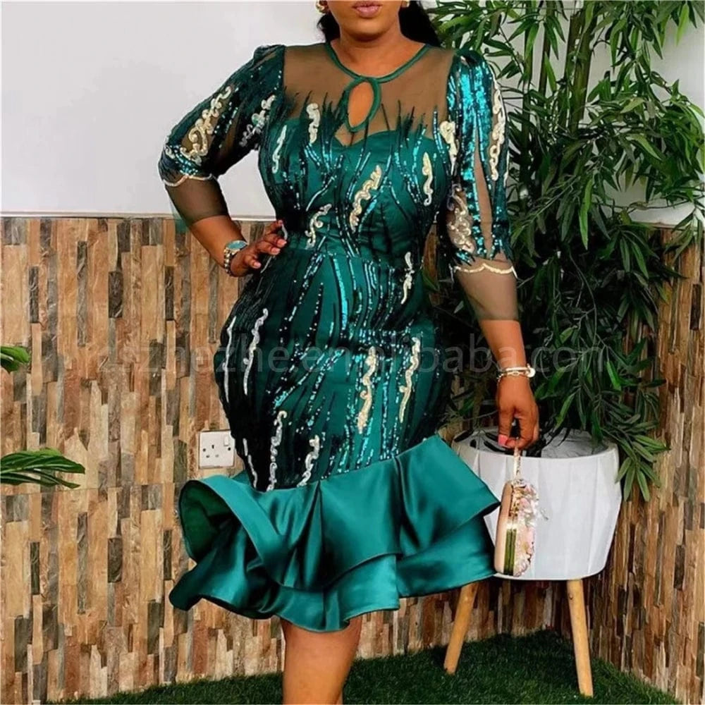 ZHEZHE New Arrivals 2024 Spring Long Sleeve Sequin Mesh Sexy Party Dress African Women's Wear plus size L-3XL