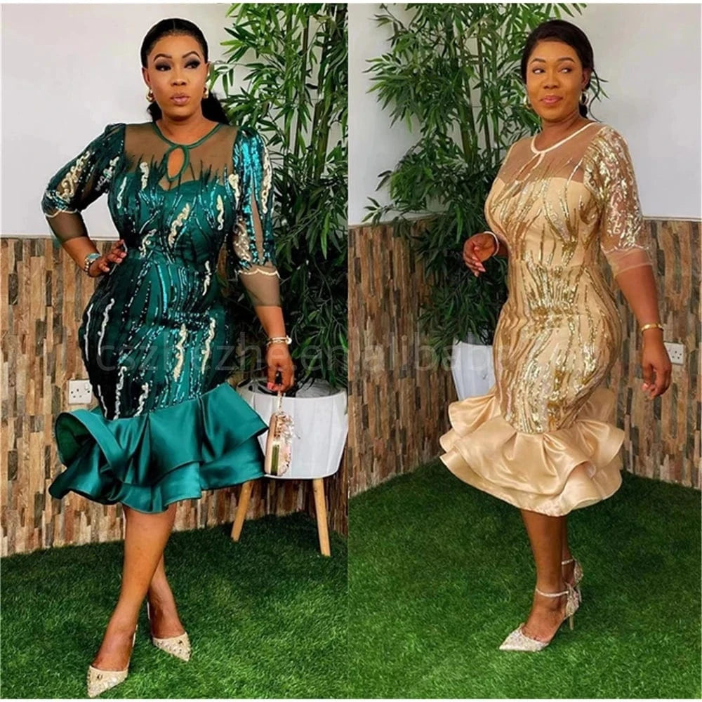 ZHEZHE New Arrivals 2024 Spring Long Sleeve Sequin Mesh Sexy Party Dress African Women's Wear plus size L-3XL