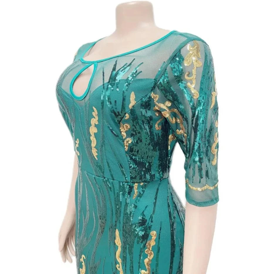 ZHEZHE New Arrivals 2024 Spring Long Sleeve Sequin Mesh Sexy Party Dress African Women's Wear plus size L-3XL
